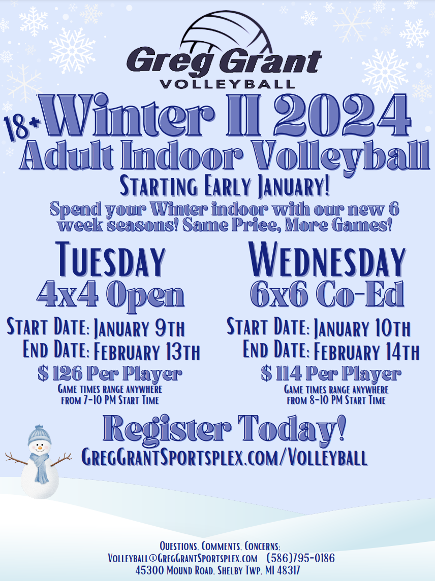 Adult Indoor Volleyball Winter II 2024 Greg Grant Sportsplex