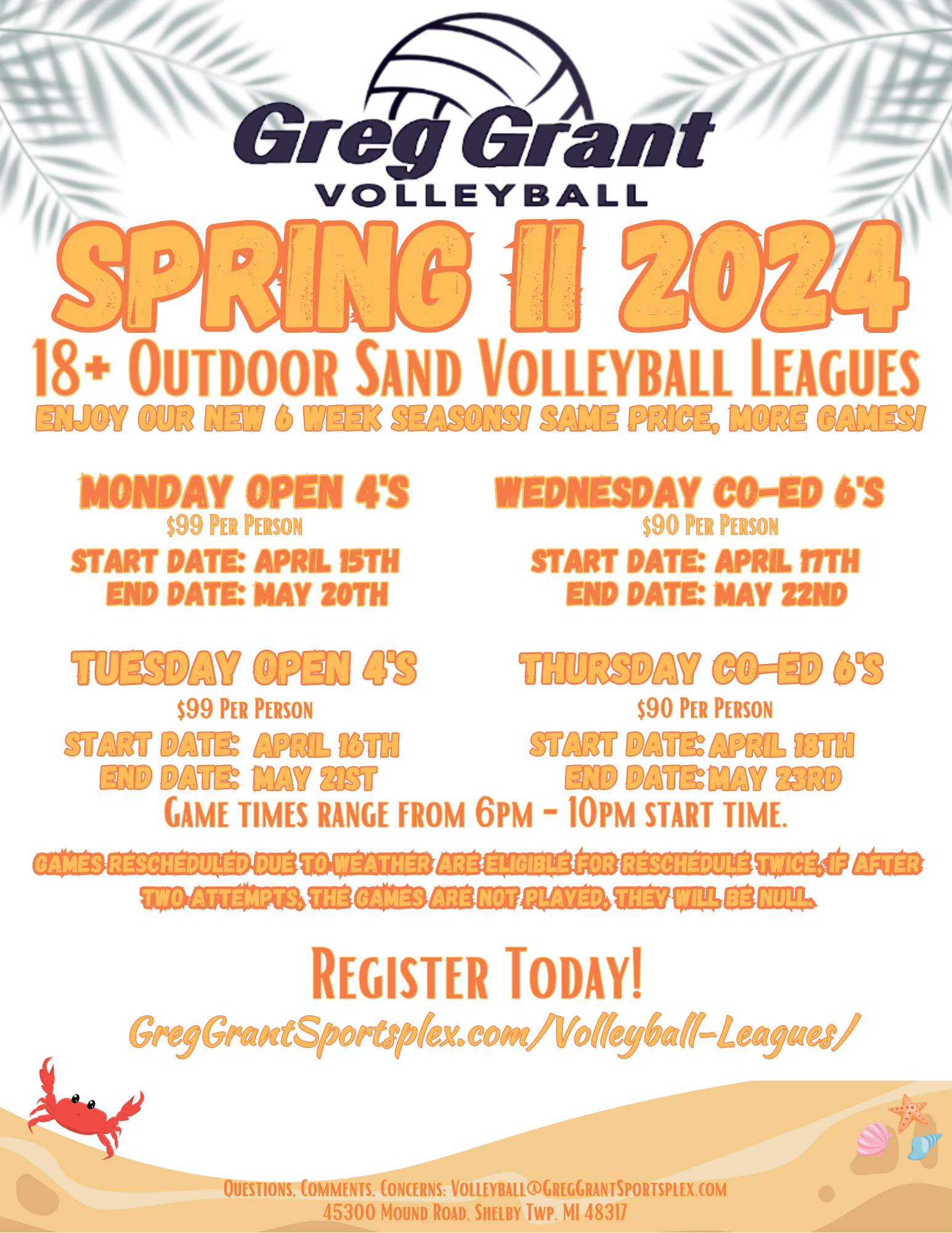 Adult Sand Volleyball Spring II 2024 Greg Grant Sportsplex